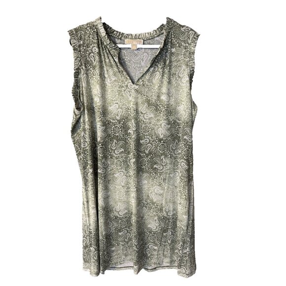 Michael Kors Shift Dress 2X Green Ivory Paisley Sleeveless Stretch Summer - Picture 3 of 11